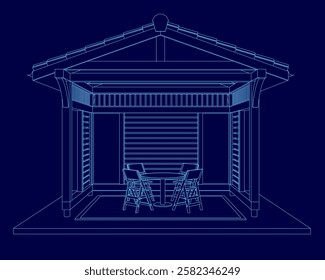 A blue drawing of a small building with a roof and a table with chairs. The chairs are arranged around the table, and there is a bench in the background