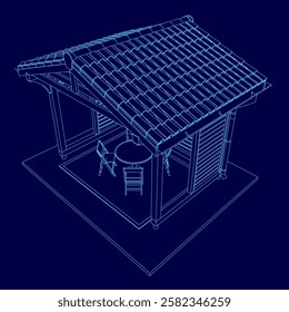 A blue drawing of a small building with a roof and a table. The roof is made of tiles and the building has a patio area with a table and chairs