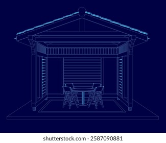 A blue drawing of a small building with a roof and a table with chairs. The chairs are arranged around the table, and the building appears to be a small pavilion or a covered patio