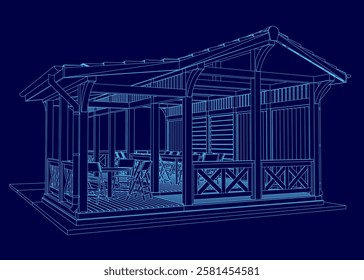 A blue drawing of a small house with a porch and a patio. The house is made of wood and has a slanted roof. The porch has a railing and a bench. The patio has a table and chairs