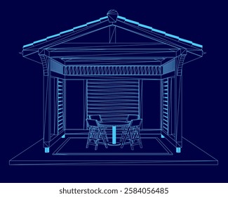 A blue drawing of a small pavilion with two chairs and a table. The pavilion is designed to be a cozy and intimate space for people to sit and relax