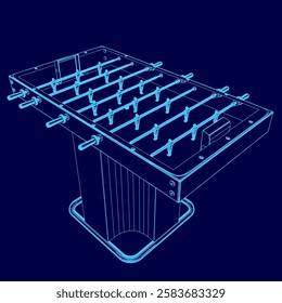 A blue drawing of a soccer table with a blue line. The table is designed to look like a real table, but it is not. The table is made of wood and has a wireframe design