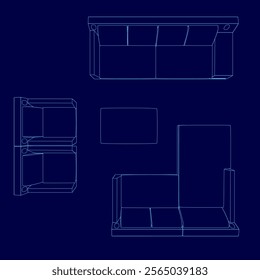 Blue drawing of a sofa with a table and chairs. The sofa is a sectional and has a blue color scheme