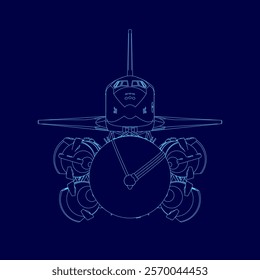 Blue drawing of a space shuttle. Front view. Vector illustration