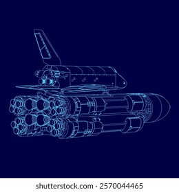 Blue drawing of a space shuttle with a rocket on top. The drawing is of a space shuttle with a rocket on top, and it is a very detailed and accurate representation of the shuttle and its rocket