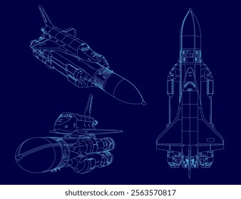 Blue drawing of a space shuttle. The drawing is in blue and is of a three-dimensional model