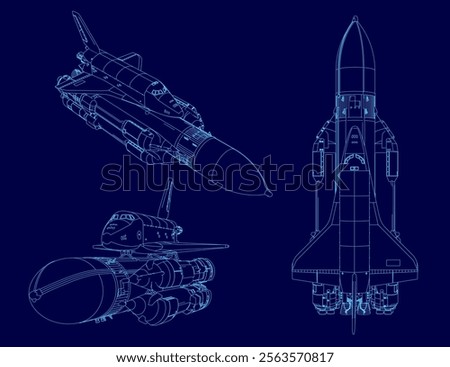 Blue drawing of a space shuttle. The drawing is in blue and is of a three-dimensional model