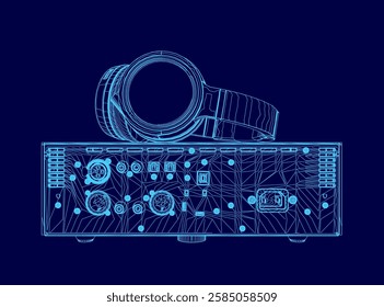 A blue drawing of a speaker and headphones. The headphones are on the left side of the speaker