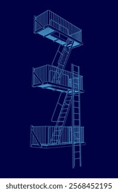 Blue drawing of a staircase. The staircase is three stories tall and has a blue ladder