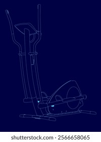 Blue drawing of a stationary bike. The bike is a cross trainer, which means it has two pedals and a handlebar. The bike is designed to be used for both indoor and outdoor exercise