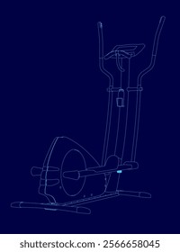 Blue drawing of a stationary bike with a handlebar. The bike is designed to be used indoors and has a sleek, modern look