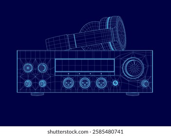 A blue drawing of a stereo with headphones on top of it. The headphones are on the left side of the stereo