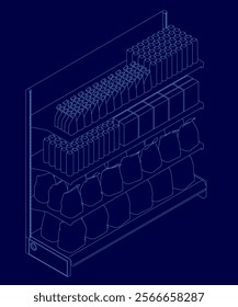 Blue drawing of a store shelf with many items on it. The shelf is filled with various items such as bottles, bags, and boxes. Concept of abundance and variety. Isometric view