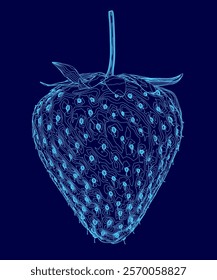 Blue drawing of a strawberry with a stem. The drawing is of a close up of the strawberry, with the stem sticking out of the top. The blue colors give the drawing a calm