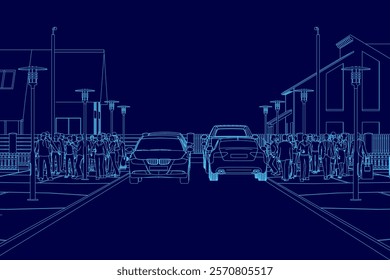 Blue drawing of a street scene with a car and a group of people. Scene is busy and bustling