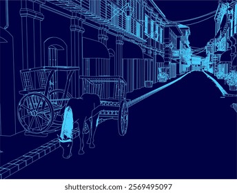 Blue drawing of a street scene with a horse and carriage. The horse is pulling a carriage down the street, and there are several buildings in the background