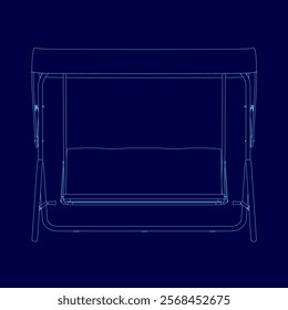 Blue drawing of a swing. The swing is made of wood and has a frame. The swing is suspended from the ceiling and has a canopy