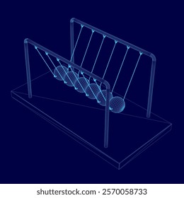 Blue drawing of a swing set with a blue background. The swing set is shown in a 3D format, with the chains and bars of the swings visible. Scene is playful and fun