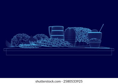 Blue drawing of a table with a bunch of cups and a spoon. The cups are arranged in a row and the spoon is placed on the right side of the table. Scene is casual and relaxed