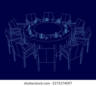 Blue drawing of a table with a lot of chairs around it. The chairs are arranged in a circle and there are many utensils and napkins on the table