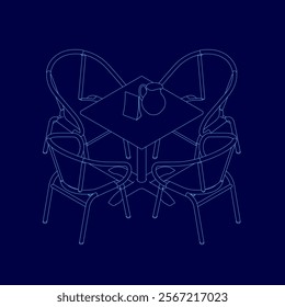 Blue drawing of a table with four chairs around it. The chairs are all different sizes and are arranged in a way that they are facing the table. The table is topped with a vase