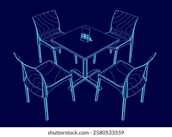 Blue drawing of a table with four chairs around it. The chairs are all different sizes and are arranged in a square formation