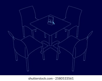 Blue drawing of a table with four chairs around it. The chairs are all lined up and the table is in the middle