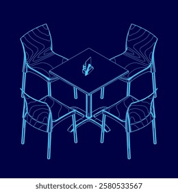 Blue drawing of a table with four chairs around it. The chairs are all different sizes and are arranged in a square formation.