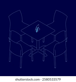 Blue drawing of a table with four chairs around it. The chairs are all lined up and the table is in the middle