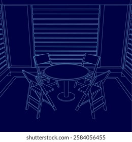 A blue drawing of a table with four chairs around it. The chairs are all lined up and facing the table. The table is round and has a clear surface