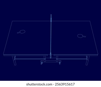 Blue drawing of a table with a net on it. The table is shown in a blue color scheme