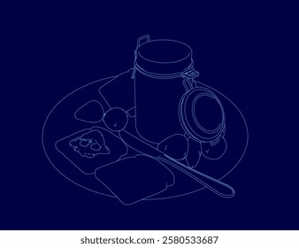 Blue drawing of a table with a spoon, and a piece of toast. The jar is filled with jelly, and the spoon is resting on top of it