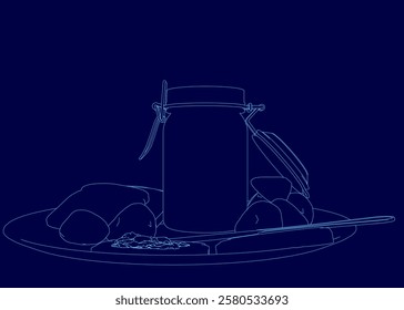 Blue drawing of a table with a spoon, and a piece of toast. The jar is filled with jelly, and the spoon is resting on top of it