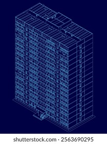 Blue drawing of a tall building with many windows. The building is very tall and has a lot of windows. Isometric view