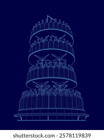 Blue drawing of a tall building with many bottles on the top. The building is made of stacked bottles and has a very tall and narrow structure