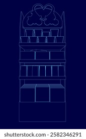 A blue drawing of a tall shelf with a heart on it. The shelf is filled with many items, including a large number of books. The shelf is very tall and has many shelves