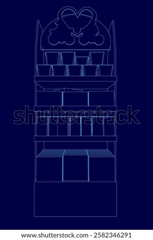 A blue drawing of a tall shelf with a heart on it. The shelf is filled with many items, including a large number of books. The shelf is very tall and has many shelves