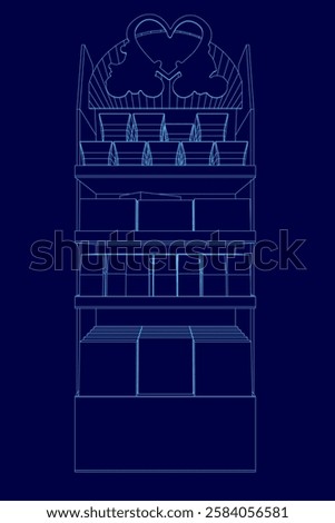 A blue drawing of a tall shelf with a heart on top. The shelf is filled with boxes and bottles