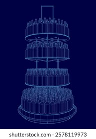 Blue drawing of a tall stack of wine bottles. The image is of a tall stack of wine bottles, with each bottle being a different color. The image has a very artistic and creative feel to it