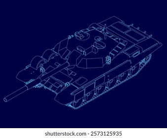 Blue drawing of a tank with a blue outline. The tank is shown in a stylized way, with a focus on its design and structure. Concept of strength and power