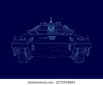 Blue drawing of a tank outline. The tank is shown in a stylized way, with a lot of detail and a sense of depth. Scene is one of strength