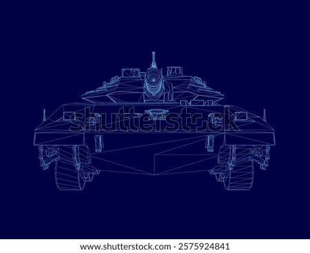 Blue drawing of a tank outline. The tank is shown in a stylized way, with a lot of detail and a sense of depth. Scene is one of strength