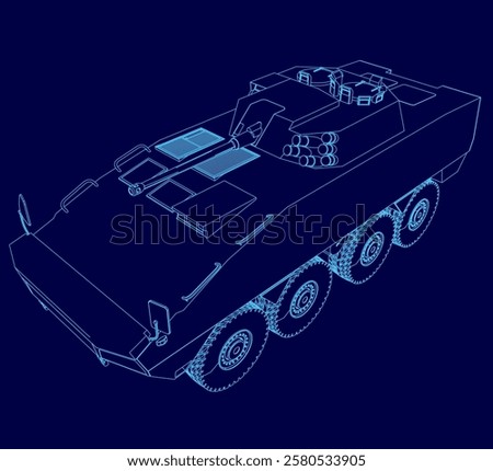 Blue drawing of a tank with a blue outline. The tank is shown in a stylized way, with a focus on its wheels and the front of the vehicle. Scene is somewhat ominous
