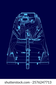 Blue drawing of a tank. The tank is shown from the side and the front