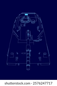 Blue drawing of a tank. The tank is shown from the side and the front. The tank is shown in a very stylized way, with the details of the tank being emphasized. Scene is somewhat ominous