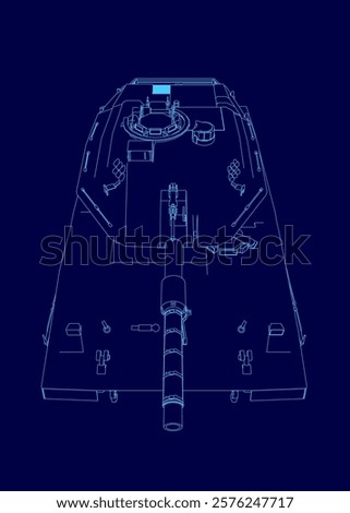 Blue drawing of a tank. The tank is shown from the side and the front. The tank is shown in a very stylized way, with the details of the tank being emphasized. Scene is somewhat ominous