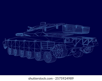 Blue drawing of a tank. The tank is shown in a stylized way, with a blue background. The tank is depicted as a large, powerful machine, with a sense of strength and might