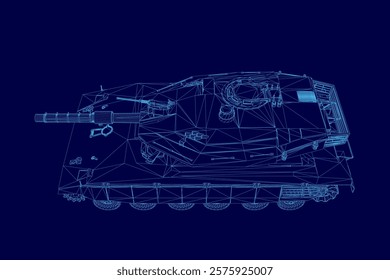 Blue drawing of a tank. The tank is shown in a very detailed and realistic way, with every part of it clearly visible. Scene is one of awe and admiration