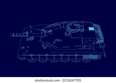 Blue drawing of a tank. The tank is shown in a very detailed and realistic way, with every part of it clearly visible. Scene is one of awe and admiration