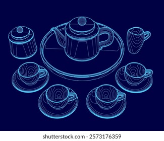 Blue drawing of a tea set with cups and saucers. The cups are arranged in a circle, and the saucers are placed around them. Concept of elegance and sophistication